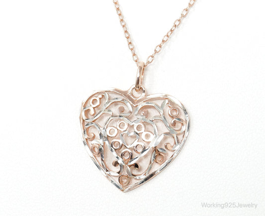 Vintage Rose Gold Vermeil Heart Sterling Silver Necklace - 18 Inch Chain