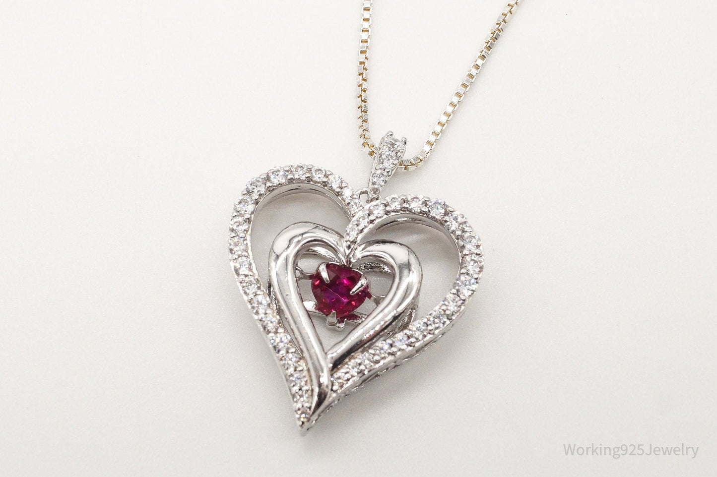 Vintage Designer SUN Ruby Cubic Zirconia Heart Sterling Silver Necklace