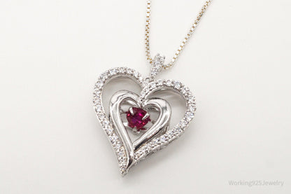 Vintage Designer SUN Ruby Cubic Zirconia Heart Sterling Silver Necklace