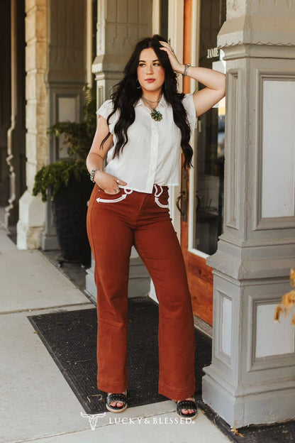Camel Stretch Denim Western Arrow Wide Leg Jeans