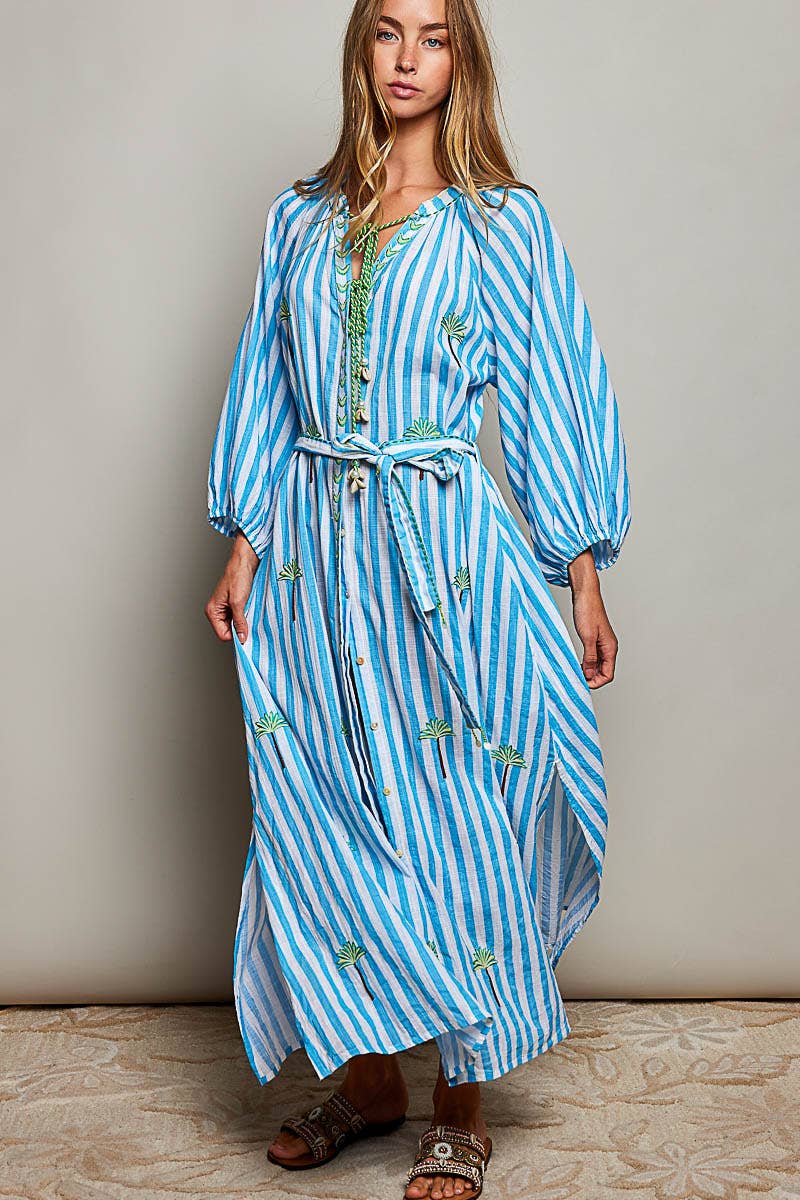 Palm Tree Embroidery Lightweight Striped Maxi Dres