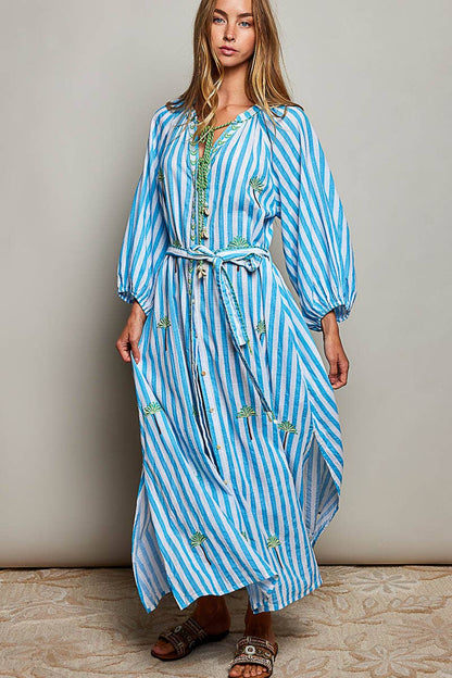 Palm Tree Embroidery Lightweight Striped Maxi Dres