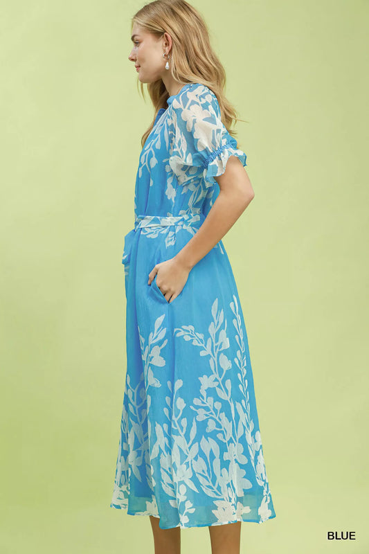 Umgee Floral Print Tie Waist Midi Dress with Side Pockets in Blue