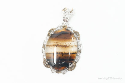 Antique Large Montana Agate Sterling Silver Necklace Pendant