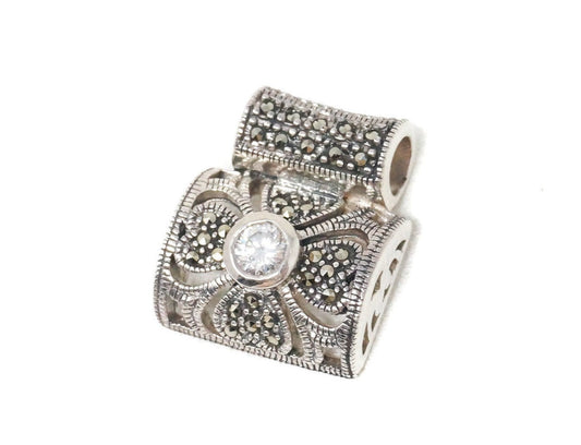 Vintage Marcasite Art Deco Cubic Zirconia Sterling Silver Necklace Pendant