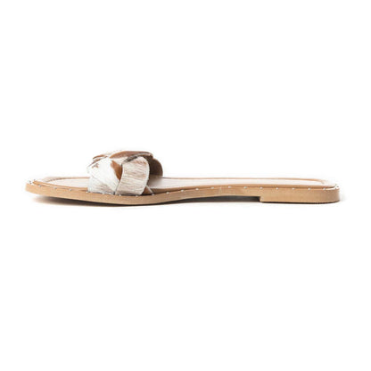 Pearline Hair-On Hide Marble Slide Sandals – Brown & White