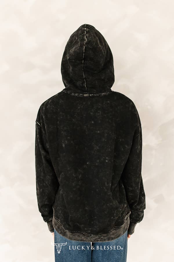 Black Mineral Wash Yeehaw Embroidered Detail Hoodie XL-3XL