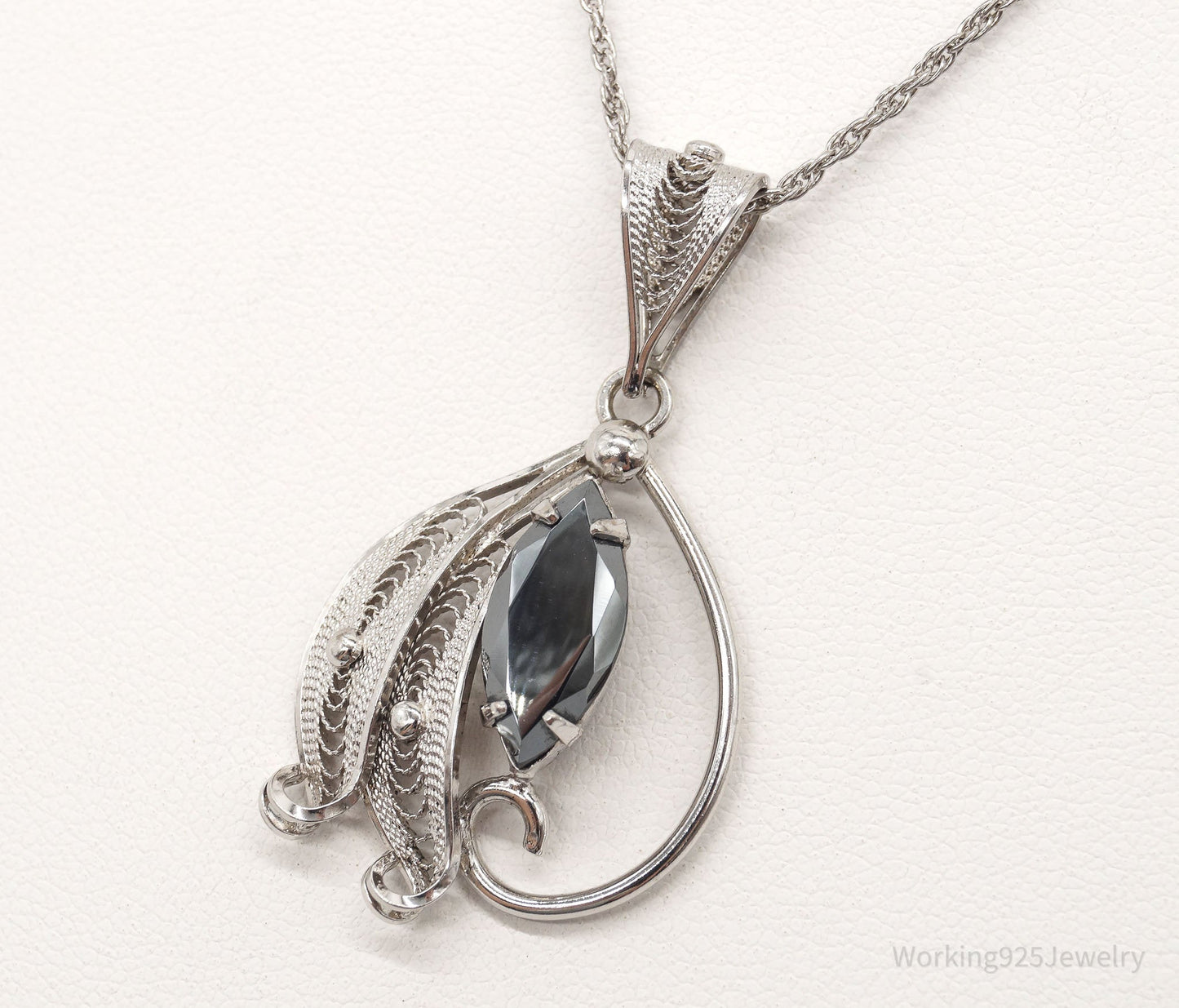 Vintage Designer Sorrento Hematite Filigree Sterling Silver Necklace