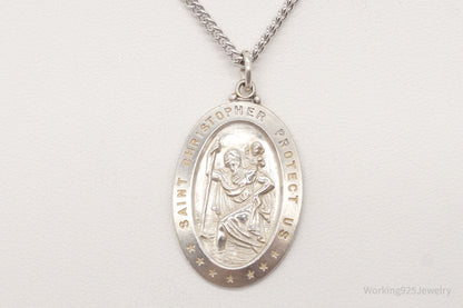 Antique Saint Christopher Protect Us Sterling Silver Pendant on Silver Necklace