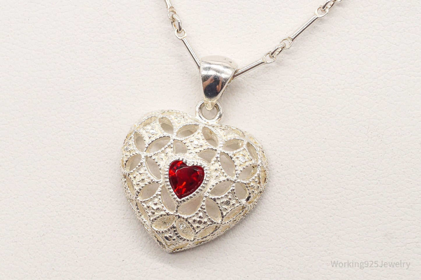 Vintage Avon Garnet Heart Sterling Silver Necklace