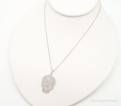Vintage Cubic Zirconia Skull Sterling Silver Necklace