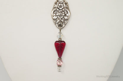 Vintage Floral Spoon Repousse Glass Heart Crystal Sterling Silver Necklace