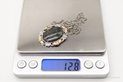 Vintage Green Stone 12K Gold Leaves Sterling Silver Necklace