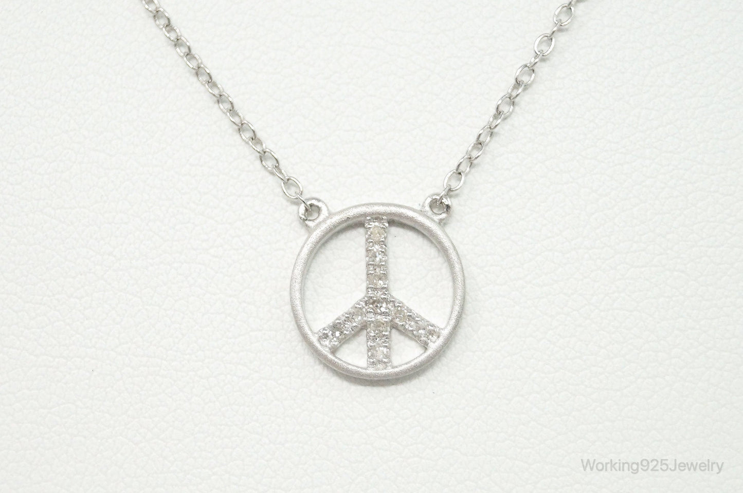 Vintage Cubic Zirconia Peace Sign Sterling Silver Necklace