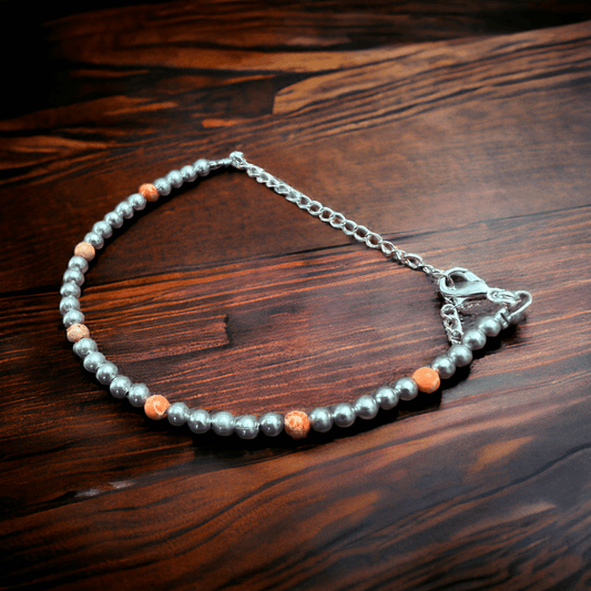 Faux Pearl & Orange Magnesite Western Bracelet — Silver Plated with Extender