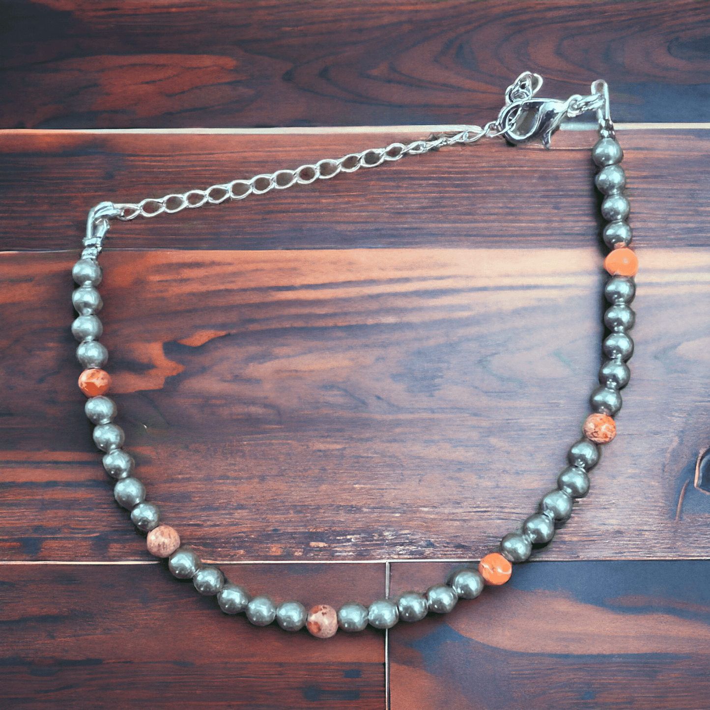 Faux Pearl & Orange Magnesite Western Bracelet — Silver Plated with Extender