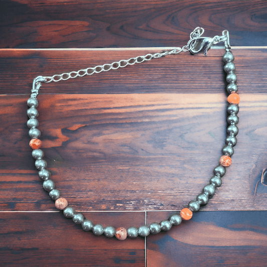 Faux Pearl & Orange Magnesite Western Bracelet — Silver Plated with Extender