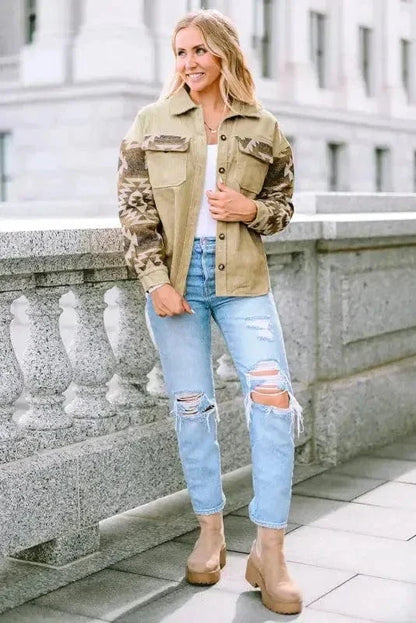 Western Corduroy Jacket - Khaki Aztec Patchwork