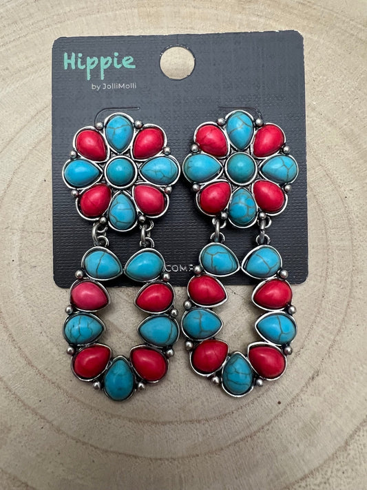 Western Faux Turquoise & Coral Cluster Post Earrings — Southwestern Statement