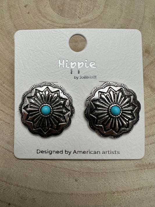 Western Faux Turquoise Concho Post Earrings — Petite 3/4" Drop