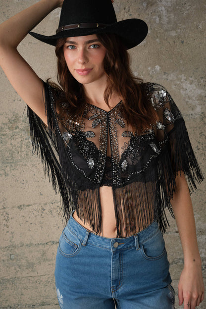 Black Sequin Beaded Fringe Mesh Cape