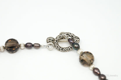 Designer Large Cross Smoky Topaz Pearl Sterling Silver Necklace