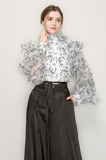 High Neck Long Sleeve Floral Print Frilled Blouse