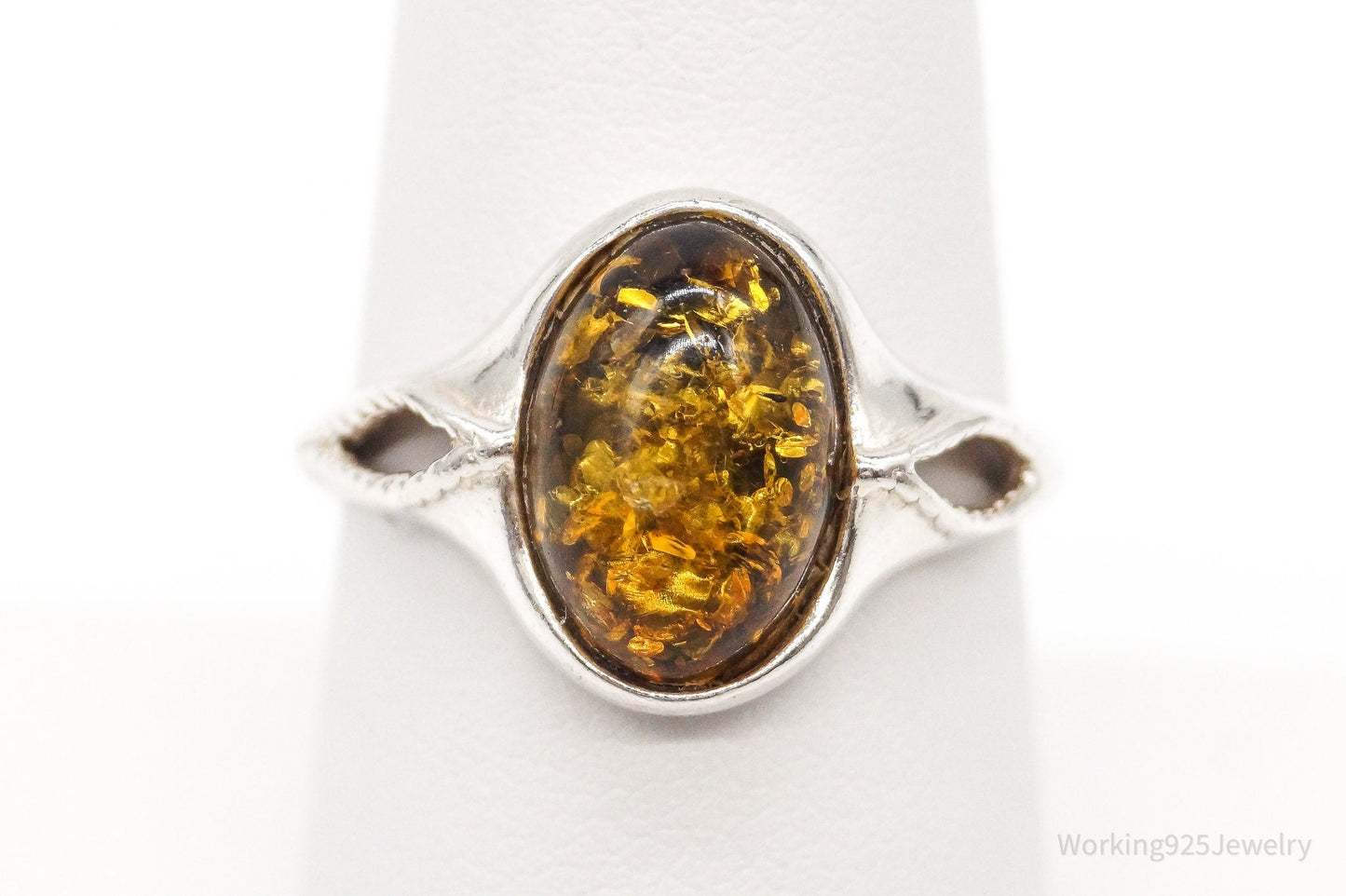 Vintage Designer PS Amber Modernist Sterling Silver Ring - Sz 7.5 Adjustable