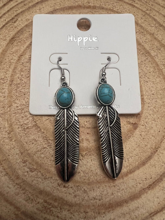 Western Feather Earrings with Faux Turquoise — 2" Drop
