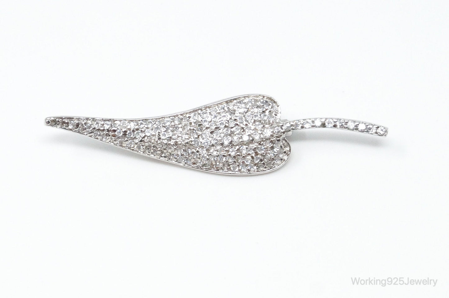 Vintage Cubic Zirconia Leaf Sterling Silver Brooch Pin