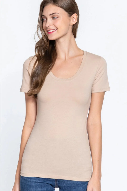42POPS Fitted Basic Scoop Neck Western Tee — Coconut Cotton Stretch Wardrobe Essential