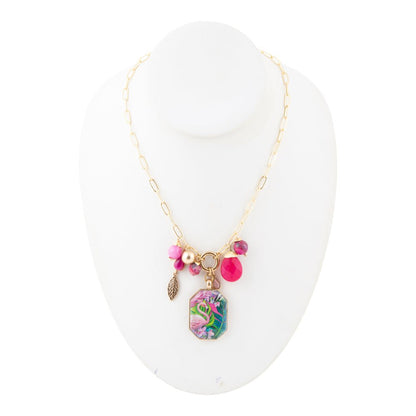 Flamingo Pink Agate Golden Pendant Necklace