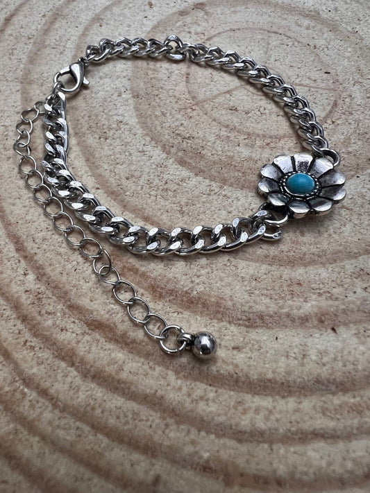 Western Flower & Faux Turquoise Cuban Chain Bracelet — with Extender