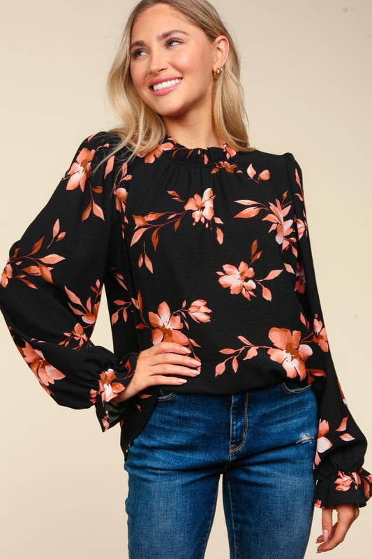 Haptics Floral Frilled Mock Neck Western Blouse — Bubble Long Sleeve Woven Top (small and medium remaining)