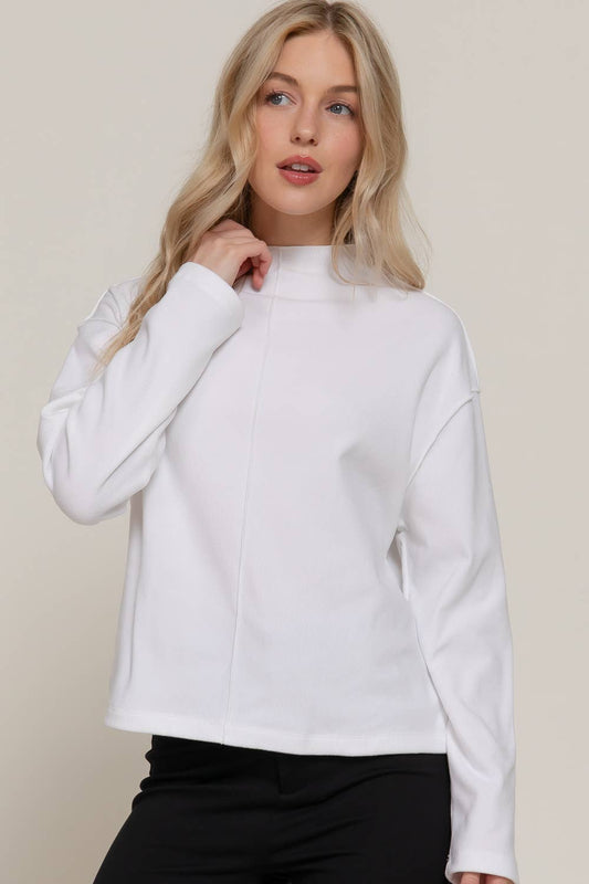 Active Basic "Frontier" Brushed Rib Mock Neck Western Top — Visible Overlocked Seams (Mushroom or White)