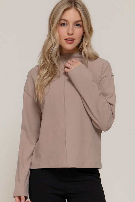 Active Basic "Frontier" Brushed Rib Mock Neck Western Top — Visible Overlocked Seams (Mushroom or White)