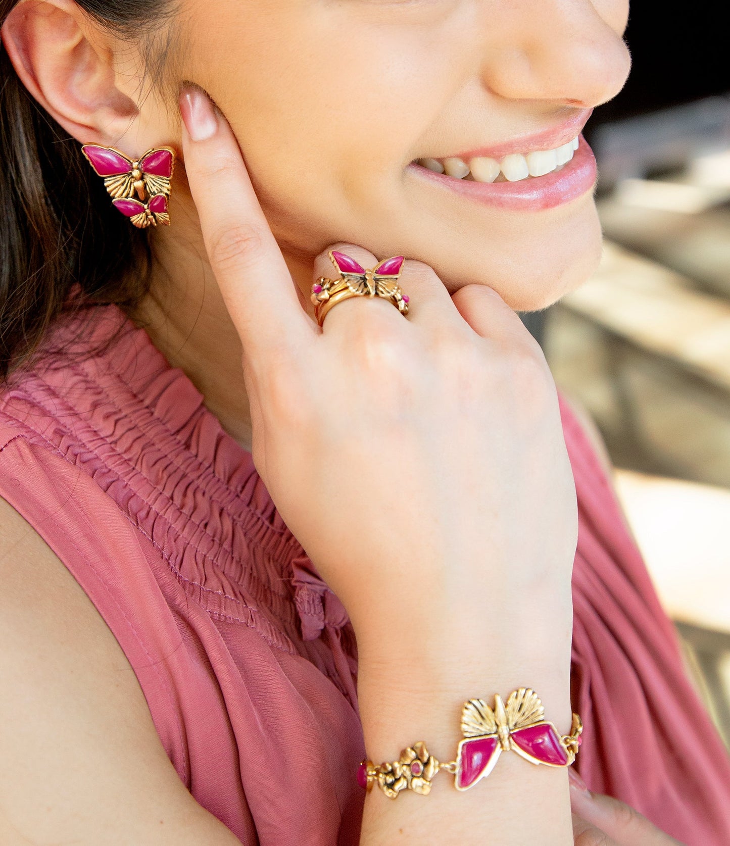 Pink Fuchsia Agate Golden Butterflies Adjustable Bracelet