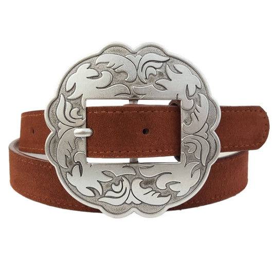 Genuine Suede Leather Western Belt with Floral Buckle — Brown Cowhide Suede