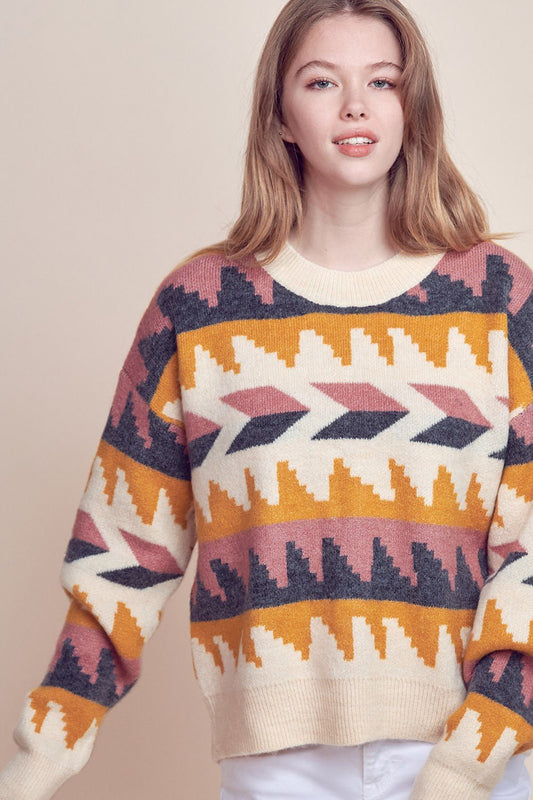 &Merci Geometric Fair Isle Western Sweater — Crew Neck in Cream, Indigo, Mauve & Mustard Mid-Weight Knit