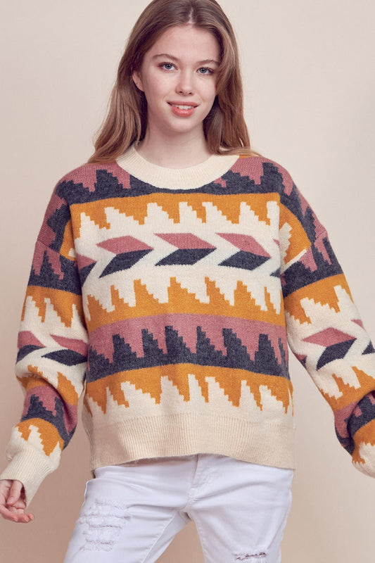 &Merci Geometric Fair Isle Western Sweater — Crew Neck in Cream, Indigo, Mauve & Mustard Mid-Weight Knit