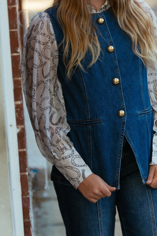 Blue B "Gold Rush" Button Denim Western Vest — Medium-Wash with Gold Shank Buttons & Side Welt Pockets