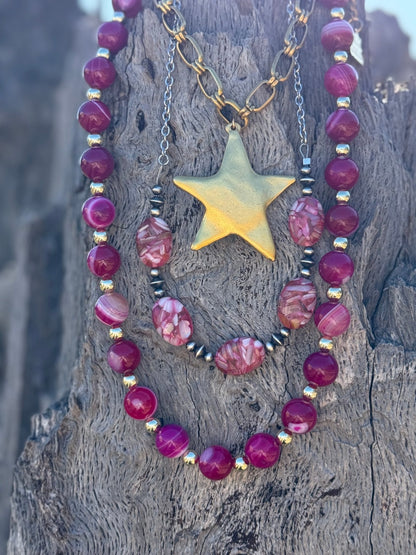 Gold Wild Rose Agate Beaded Necklace