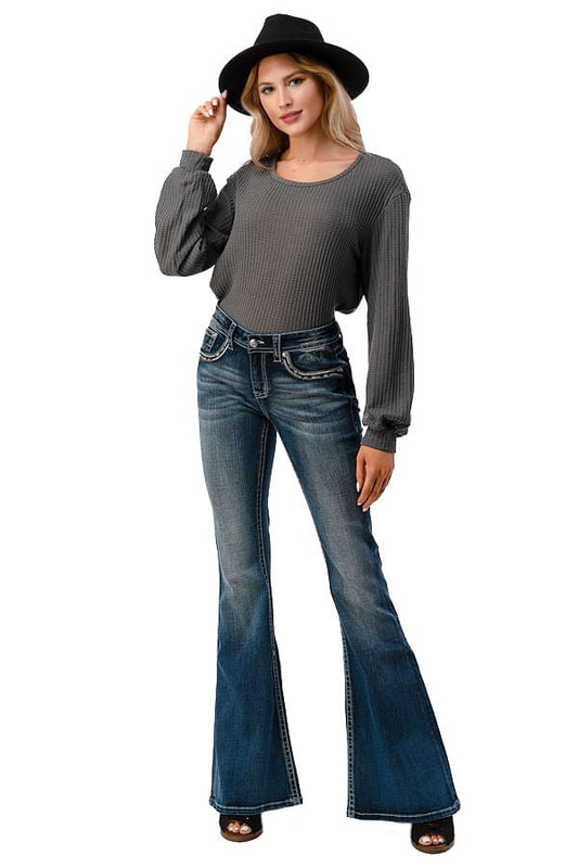 Grace in LA Women's Western Aztec Embellished Mid Rise Flare Jeans