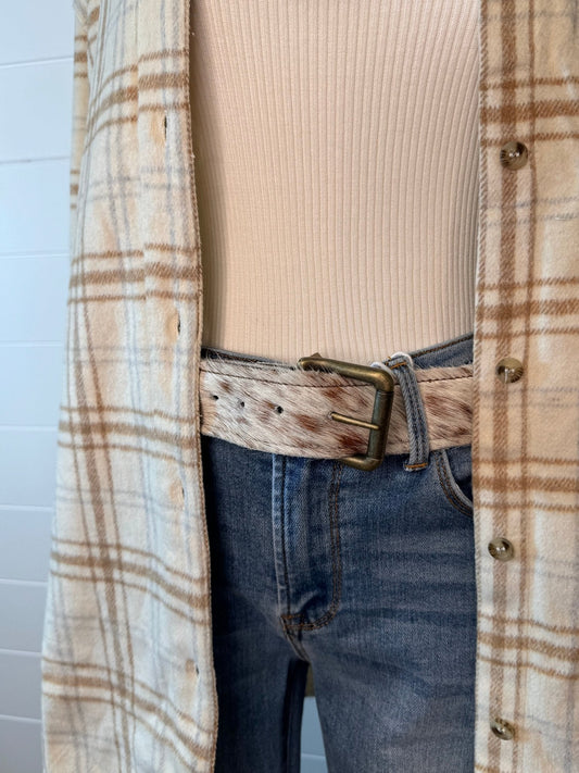 Hair-on-Hide Tan Brindle Leather Belt — Antique Buckle, Large/XL rjemains