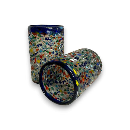Confetti Pebbled Glass | Blue Rim Hand-Blown Mexican Tumbler