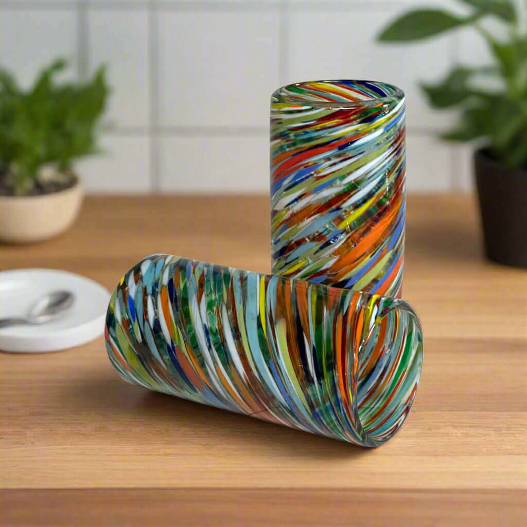 Colorful Hand-Blown Tumbler | Confetti Swirl Mexican Glass