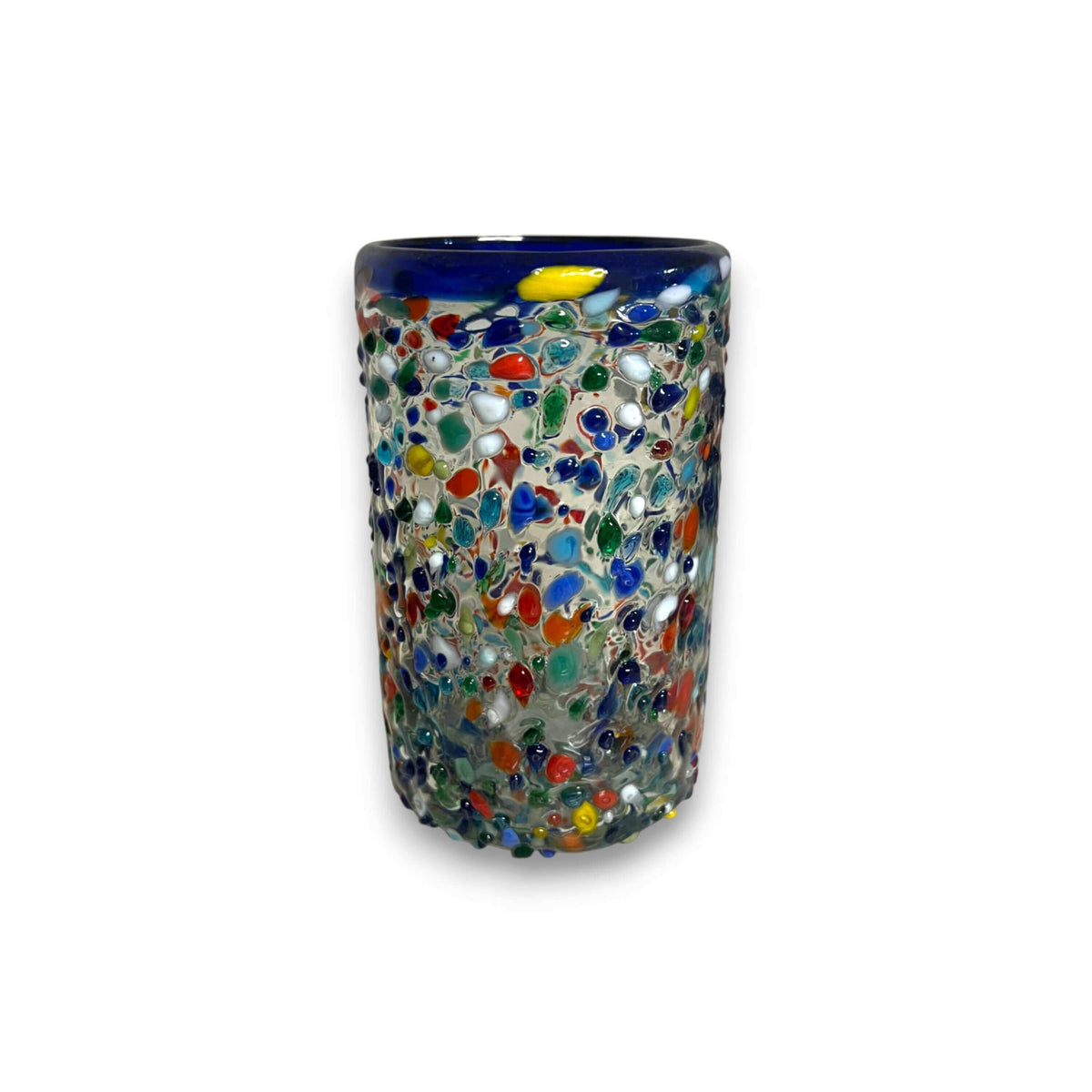 Confetti Pebbled Glass | Blue Rim Hand-Blown Mexican Tumbler