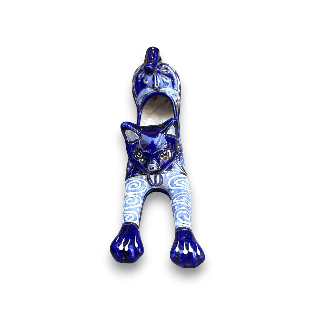 Blue Talavera Stretching Cat Planter | Mexican Folk Art Decor