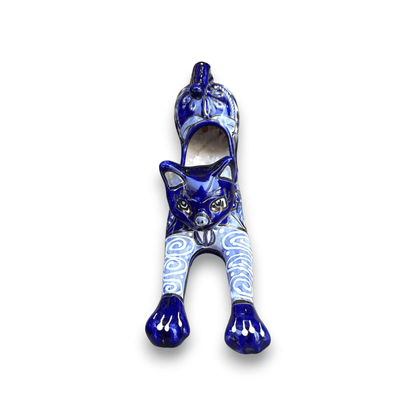 Blue Talavera Stretching Cat Planter | Mexican Folk Art Decor