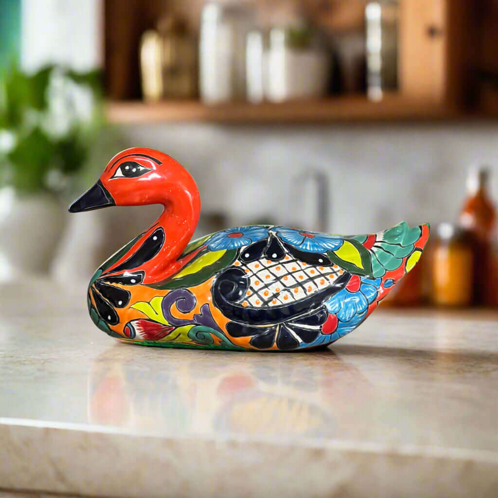 Hand-Painted Colorful Talavera Duck Statue | Mexican Folk Art Decor